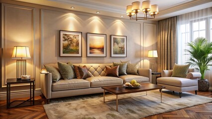 Poster - Cozy living room with a plush four-seater sofa against a warm beige wall adorned with elegant artwork and soft lighting.