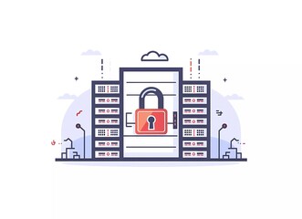 Poster - vector flat illustration of security and data protection with padlock, key and server rack on white 