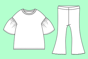 Wall Mural - Girls short sleeve tee trouser set fashion flat sketch vector.  