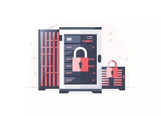 Fototapete - vector flat illustration of security and data protection with padlock, key and server rack on white background, minimalistic style, simple design 