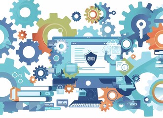 Fototapete - A flat vector illustration of computer security, with a shield and key symbolizing data protection and an abstract web page on the screen
