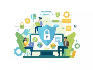 Fototapete - Flat design vector illustration of a team of business people working on laptop computers with security shields and locks, white background. Online security concept or digital protection technology,