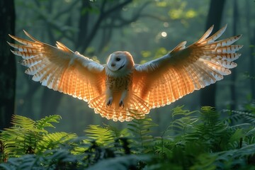 Wall Mural - a majestic barn owl in flight over a lush green forest with sunlight filtering through the trees