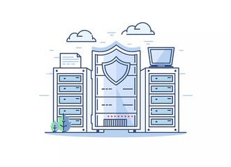 Fototapete - Flat vector illustration of a server rack, shield and gear with a laptop in a white background for web design or app banner.