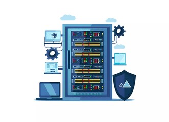Poster - flat vector illustration of a server rack, shield and gear with a laptop in a white background for w