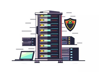 Poster - flat vector illustration of a server rack with a security shield and laptop, in a simple flat design