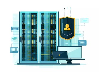 Fototapete - Flat vector illustration of a server rack with a security shield and laptop, in a simple flat design for a website banner on a white background.
