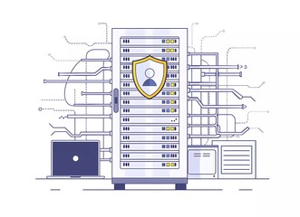 Fototapete - Flat vector illustration of a server rack with a security shield and laptop, in a simple flat design for a website banner on a white background.