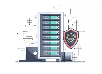 Fototapete - Flat vector illustration of a server rack with a security shield and laptop, in a simple flat design for a website banner on a white background.