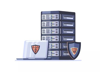 Fototapete - Flat vector illustration of a server rack with a security shield and laptop, in a simple flat design for a website banner on a white background.