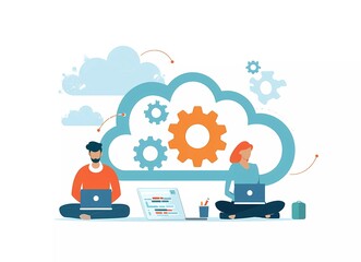 Fototapete - Flat vector illustration of cloud storage shows a man and woman working on a laptop, with gears in the background,