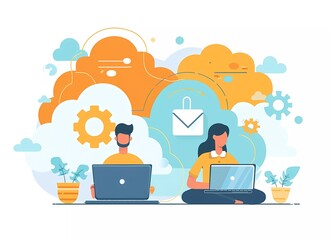 Fototapete - Flat vector illustration of cloud storage shows a man and woman working on a laptop, with gears in the background,