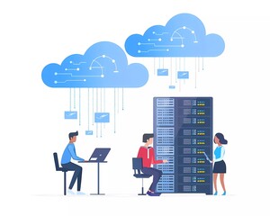 Fototapete - Flat vector illustration of two people working in front of cloud server with data center, depicting digital technology and internet concept.