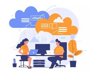 Fototapete - Flat vector illustration of two people working in front of cloud server with data center, depicting digital technology and internet concept.