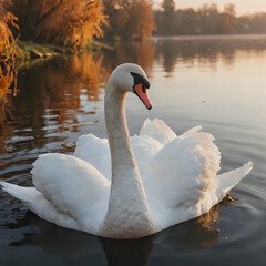 a white swan swimming in the water with its head above the water