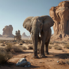 Wall Mural - a large elephant standing in the desert with a castle in the background