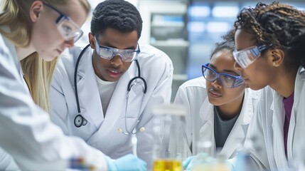 Poster - Young medical scientists in a contemporary lab share insights, fostering innovation through collaboration.