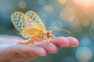 Wall Mural - A colorful insect perches on a finger. AI.