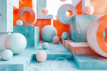Poster - 3D rendering of geometric shapes in various colors and sizes. AI.