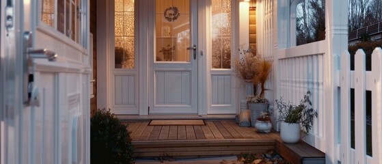 Poster - Wooden front door with glass elements and a flower pot next to it. AI.