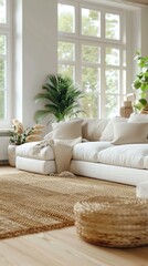 Canvas Print - Bright living room interior with large windows, comfortable sofa, and stylish rug. AI.