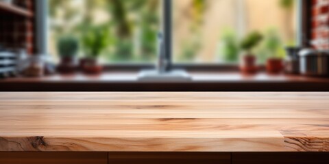 Wall Mural - Empty Wooden Tabletop with Blurred Window Background