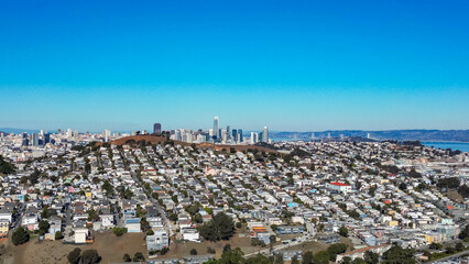 Wall Mural - Drone images over neighborhoods in San Francisco, California on a beautiful day in the summer with blue skies and the city of San Francisco