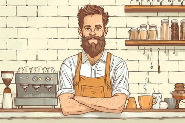 Sticker - Bearded barista with arms crossed standing confidently in café rustic style illustration coffee craftsmanship