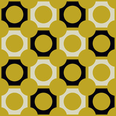 Canvas Print - Gold circles in black and gray squares form a geometric seamless pattern for modern textiles, wrapping paper, fabrics. 