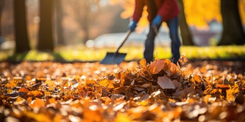 Wall Mural - Autumn Leaves Rake in Park