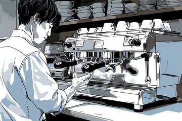 Sticker - Barista operating espresso machine black and white illustration detailed coffee making process barista expertise professional setting