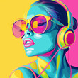 © Renata - A vibrant and colorful illustration of a woman wearing headphones and sunglasses, set against a yellow and pink background, capturing an abstract and modern art style.