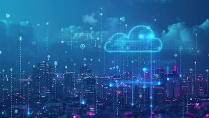 Poster - Concept digital technology network connection and cloud icon. Futuristic digital network with cloud technology icons and interconnected nodes. Smart city concept. internet of things. Modern tech. 4K 