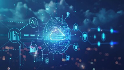 Poster - Concept digital technology network connection and cloud icon. Futuristic digital network with cloud technology icons and interconnected nodes. Smart city concept. internet of things. Modern tech. 4K 