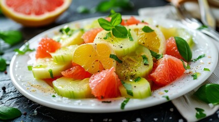 French cuisine. Celery salad with grapefruit and mustard sauce.