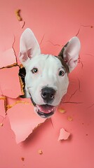 Bull Terrier head peeking out from a hole of bread, front side, editorial photography, on pastel color background