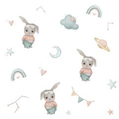 Wall Mural - Nursery pattern for children with cute bunny. print for baby fabric, seamless bunny animal blue with peachy colors. clouds, moon, sun, galaxy. Nursery print illustration