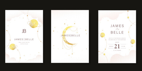 Wall Mural - Galaxy themed wedding invitation vector template. Beige and pink luxury card with moon, cloud, star, sparkle, gold foil texture. Starry night cover design for background, greeting, rsvp modern card.