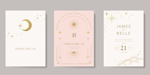 Galaxy themed wedding background vector. Beige and pink luxury card with moon, cloud, star, zodiac, cosmic, gold texture. Starry night cover design for banner, rsvp modern card, interior.