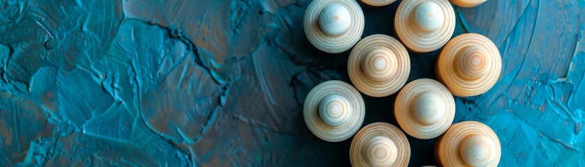 Close-up of round white buttons on a blue background.