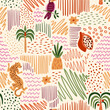 © Tani Kuzminka - Tropical summer beach patchwork seamless pattern. Vector jungle palm tree, leopard, doodle elements, stripes, polka dots, toucan bird, pineapple. Cute exotic print, hawaii background, wallpaper.