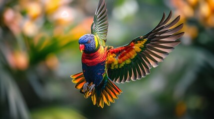 Sticker - A colorful bird with a long tail is flying through the air. The bird is surrounded by green leaves and orange flowers. Concept of freedom and beauty, as the bird soars through the sky with grace