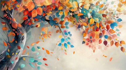 Wall Mural - A painting of a tree with leaves of different colors. The painting has a vibrant and lively mood, with the colors of the leaves creating a sense of energy and movement