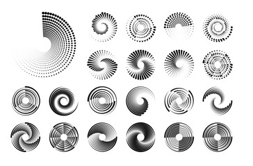 Wall Mural - Dot circle pattern. Concentric vortex circles, circular ripple lines design. PNG. Dynamic abstract black spiral. White round dotted frames set isolated on black background.	