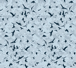 Poster - A seamless background with flight of birds and pixel sea.
