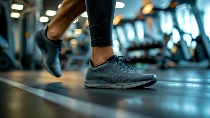 Close-up of athletic shoes on a treadmill in a modern gym, emphasizing fitness and workout motivation.