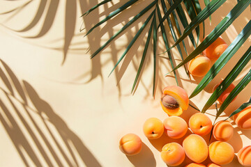 Wall Mural - top view of apricot fruits on pastel background with shadow from palm tree, flat lay, pattern, summer concept


