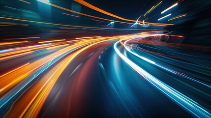 Poster - Colorful light trails on a vibrant highway in a modern city at night