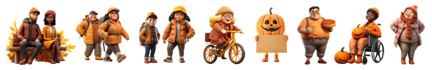 Sticker - Autumn people 3d character png cut out element set