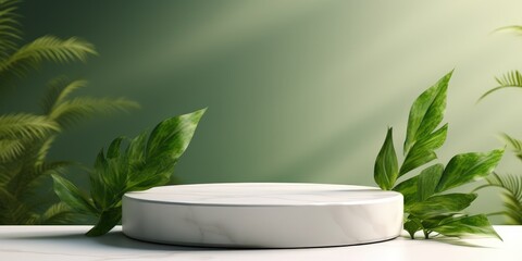 Poster - White Marble Podium with Green Leaves